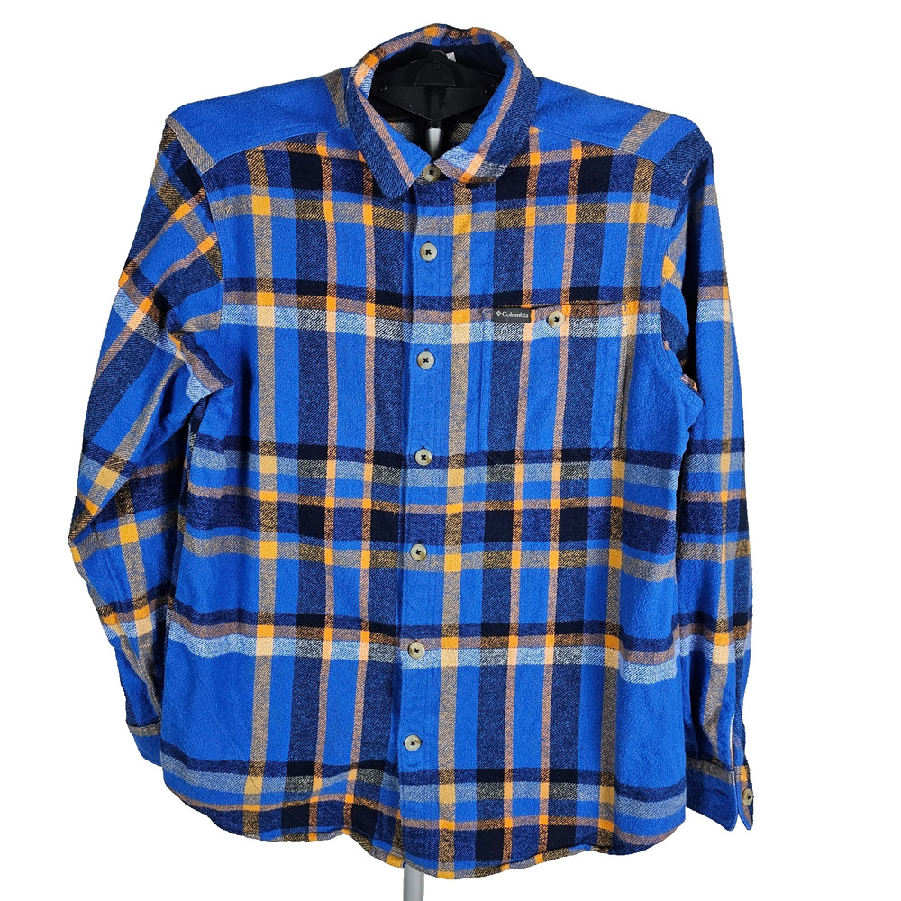 Columbia Blue Plaid Fleece-Lined Flannel Button Down Shirt Men's Medium